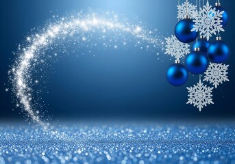 Enchanting blue festive background with sparkling magic trail and ornaments.