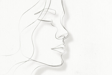 line drawing of a woman's profile in a continuous stroke, calm and contemplative, minimal art portrait with a downward gaze, suitable for beauty, wellness, and fashion branding