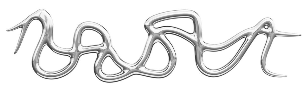 3d liquid chrome shape, abstract y2k metal object. Silver melt smooth wave lines with sharp edges. Fluid flow curve, mercury splash form. Futuristic aesthetic aluminum glossy element