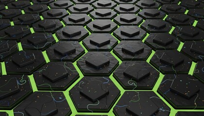 Futuristic hexagonal technology background with glowing green accents