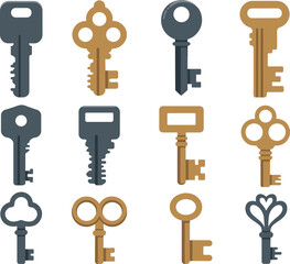 Vintage key set, house keys, old fashioned keys, metal key illustration, locksmith icons, antique keys, security key collection