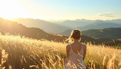 Fototapeta premium Young Woman in Golden Field at Sunset for Peaceful Nature Mood