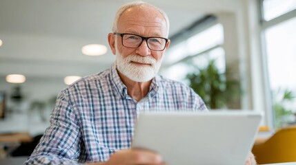 Old man using laptop in office