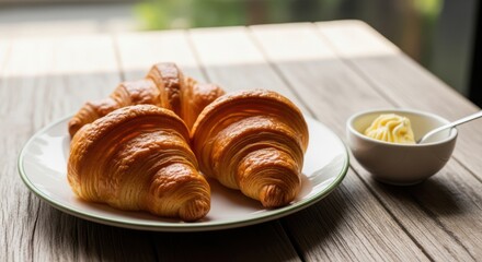 Golden brown croissants served with butter on a rustic wooden table