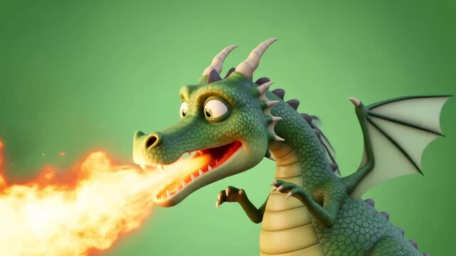 Cute green dragon breathes fire on green screen. Cartoon mythical creature for fantasy video animation.