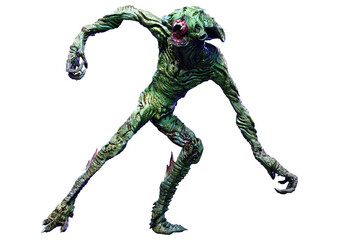 3D Rendering Green Alien on White