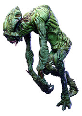 3D Rendering Green Alien on White