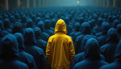 A person in yellow hoodie stands apart from crowd wearing blue hoodies. Individual stands out from group of people. Concept of uniqueness and difference.
