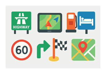 Set of bright travel icons featuring maps and navigation elements