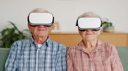 Elderly couple experiencing virtual reality together at home.