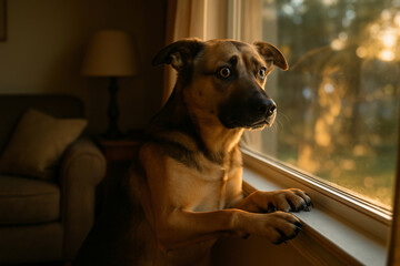 Dog at window scared by gunpowder at Christmas