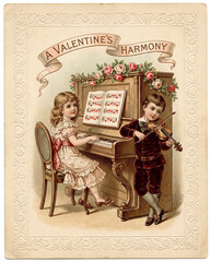 A vintage Valentine's Day card "A Valentine's Harmony". An old-fashioned boy and girl play piano and violin music together in a romantic illustration.