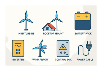 Renewable energy icons: mini turbine, rooftop mount, battery pack, inverter, and accessories
