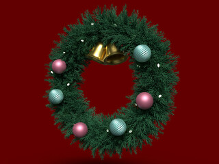 オナーメントで装飾されたクリスマスリースの3Dイラスト