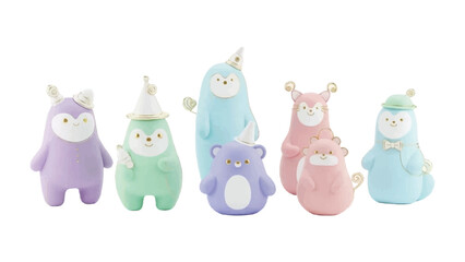 Whimsical Creatures Gathering: An array of adorable, pastel-colored creatures, each sporting a unique charm and celebratory attire. Evoking a sense of lighthearted merriment and imaginative play.