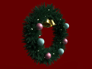 オナーメントで装飾されたクリスマスリースの3Dイラスト