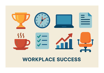 Icons of workplace success: trophy, clock, laptop, document, coffee, checklist, graph, chair