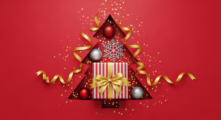 Red background displaying a Christmas tree shape filled with ornament, snowflake, gift, and ribbon, showcasing holiday spirit and festive cheer