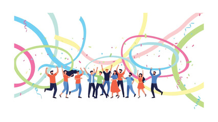 Vibrant Victory Celebration: An illustration captures the joyous moment of a team's achievement, with diverse figures raising their arms amidst a cascade of colorful streamers.
