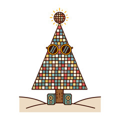 Funky Disco Christmas Tree Vector with Sunglasses, Speakers and Mosaic Pattern