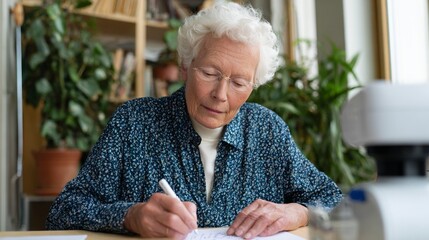 Older woman writing at table