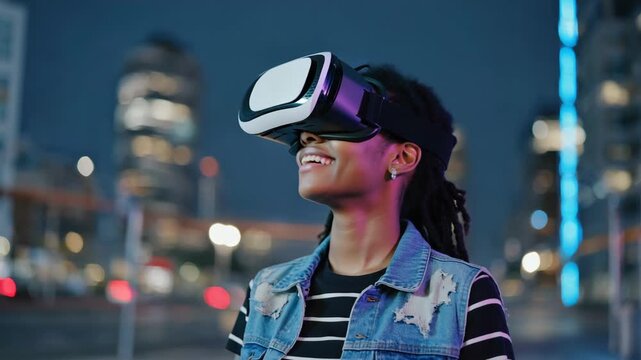 Young African American woman wearing virtual reality glasses in night city