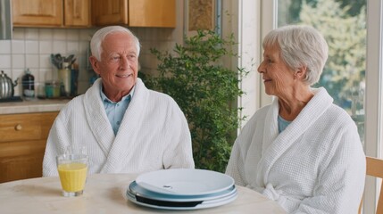 Older couple sharing breakfast at home.