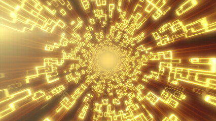 Radiant golden digital tunnel filled with glowing square fragments streaming toward a luminous core