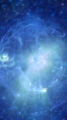 Radiant blue cosmic vortex with swirling particles and bright central light forming a dynamic portal-like structure