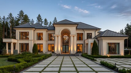 Grand luxury mansion estate with paved driveway and lush landscaping