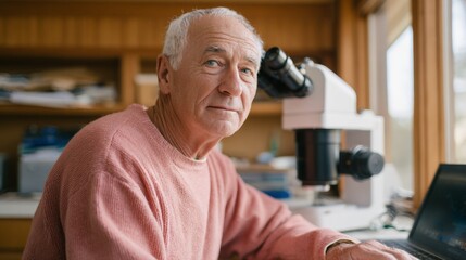 Old man in lab looking at microscope