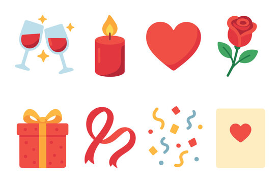 Romantic symbols collection with wine, candle, heart, rose, gift, ribbon, confetti, and card