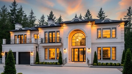 Luxurious modern mansion with arched entryway and illuminated windows at dusk