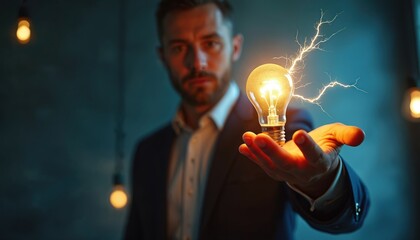 Man in suit holds glowing light bulb with electricity in hand. Businessman with bright idea innovation. Entrepreneur with creative solution invention. Hand holding illuminated lamp with electric