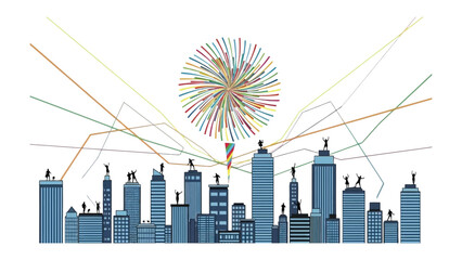 Urban Ascent: A stylized cityscape illustration, where figures on skyscraper tops reach toward a central burst of color and connecting lines that depict growth