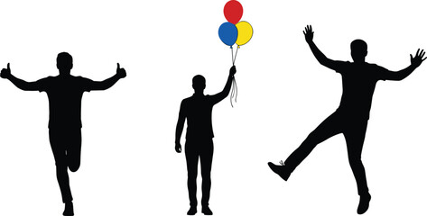 Silhouette figures in dynamic poses, including running, jumping, and holding colorful balloons, representing celebration, joy, movement, and expressive human actions in vector style