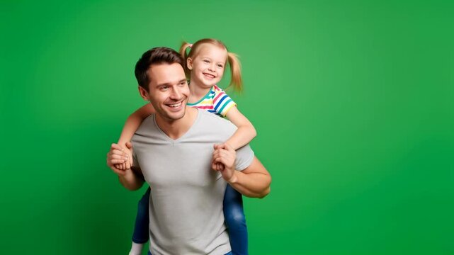 Man piggybacking girl on green screen. Happy father and daughter playing together. Chroma key effect for video background.