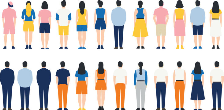 Collection of diverse people standing from the back view, showcasing various outfits, body types, and casual modern clothing in a clean flat vector style