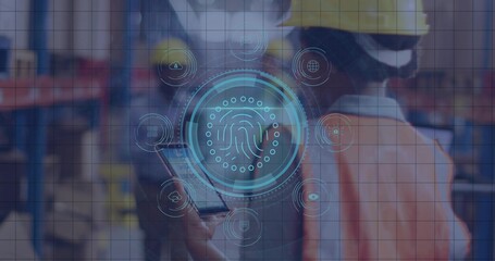 Holding smartphone with biometric HUD, crew consulting inside warehouse wearing hard hats vests