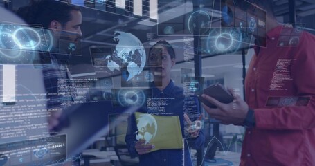 Presenting three-person team holding yellow folder, using tablet and pointing at AR data in office