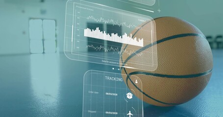 Sitting basketball showing pebble-grain on glossy blue court with holographic panels, copy space