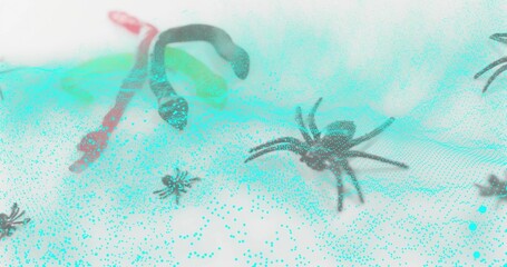 Crawling tarantula spider at right on white backdrop, with teal particle mesh and snake, copy space