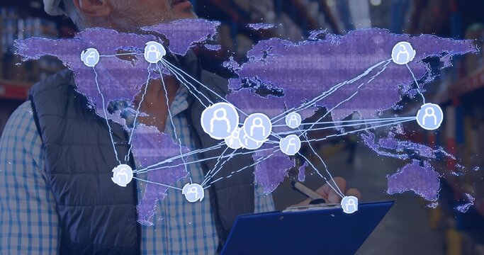 Inspecting warehouse stock, manager in hard hat vest holding blue clipboard and pen with purple map - Powered by Adobe