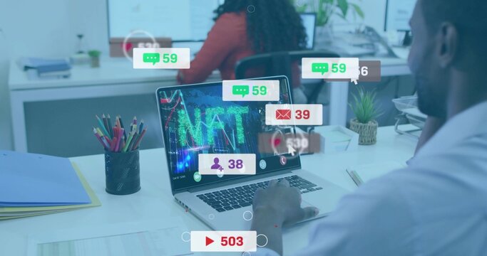 Working man in business shirt viewing laptop NFT graphics, alerts at office pencil holder and plant