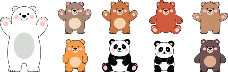 Cute cartoon bear characters in various colors and poses, including panda bears, baby bears, and kawaii animal illustrations. © Sarmen Creative