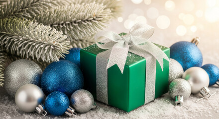 Green gift box with silver ribbon, surrounded by blue and silver ornament balls, dusted with snow, near fir branch, representing holiday festivity