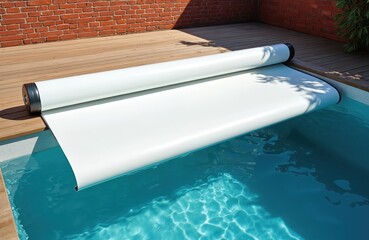Retractable pool cover made of white PVC lamellas is rolled on a mechanism above the water surface. Modern pool safety equipment protects against debris and prevents accidents.