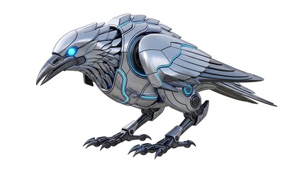 Futuristic mechanical bird robot with glowing blue eyes