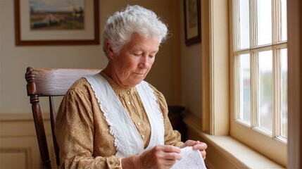 Older woman writing at window.