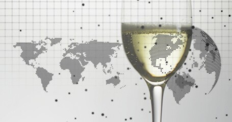Fototapeta premium Displaying stemmed wine glass refracting dotted world map on studio set, square grid, copy space